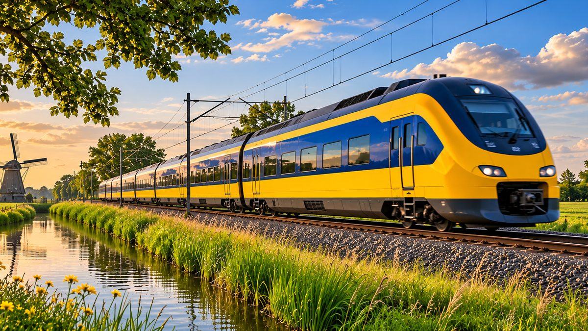Gele trein langs een molen bij zonsondergang
