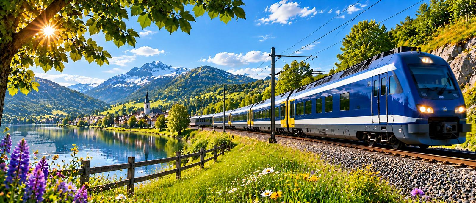 Trein langs een meer in de bergen