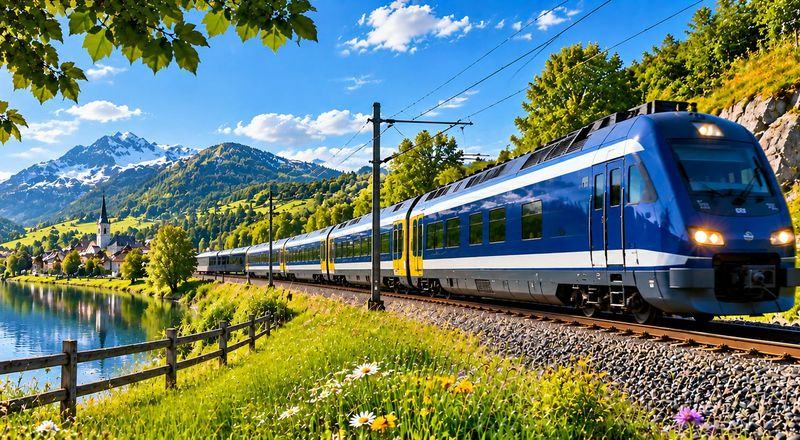 Trein langs een meer in de bergen