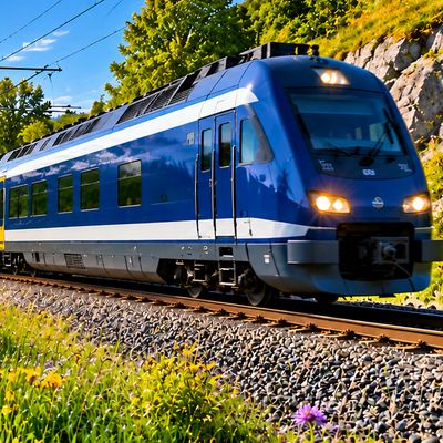 Trein langs een meer in de bergen