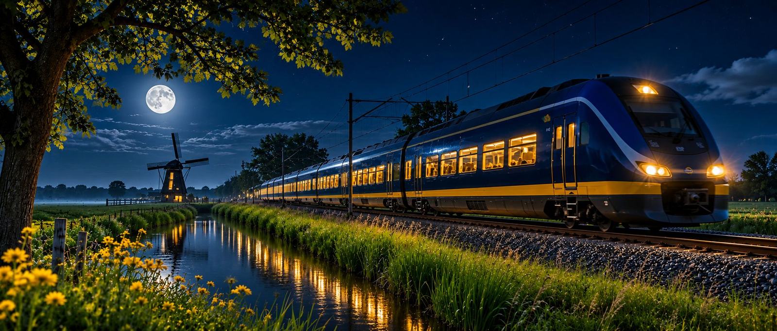 Nachttrein met verlichte ramen langs een molen