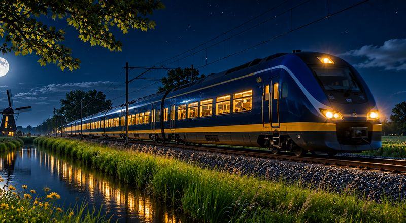 Nachttrein met verlichte ramen langs een molen