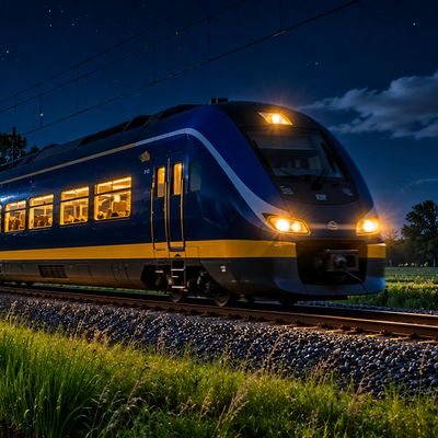 Nachttrein met verlichte ramen langs een molen